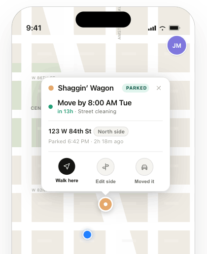Unparked app map view showing the parked car Shaggin' Wagon and a reminder popup to move by 8:00 AM Tuesday on the north side of 123 W 84th St